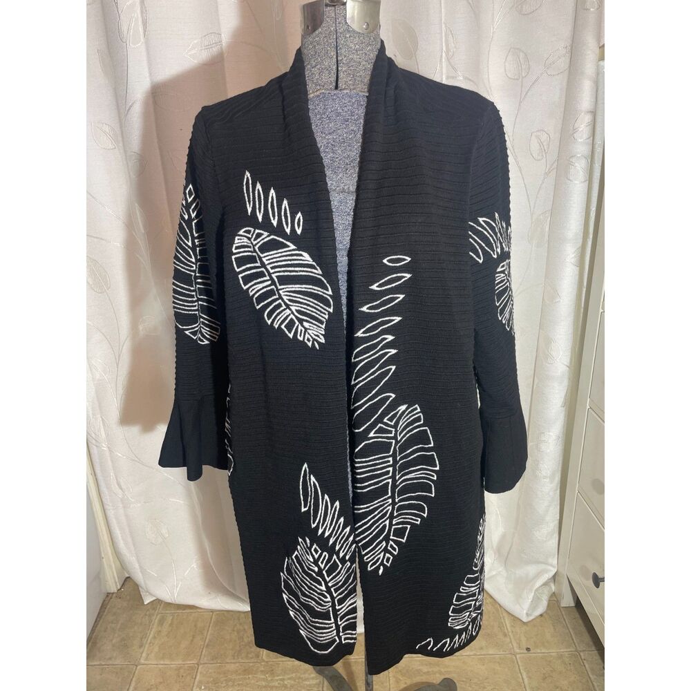 Alfani Woman Black White Leaf Embroidered Open Front Cardigan Sweater